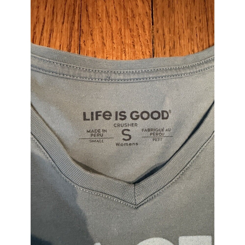 Life is Good Womens S Peace Love Coffee Crusher V Neck‎ T Shirt Blue - Picture 5 of 7